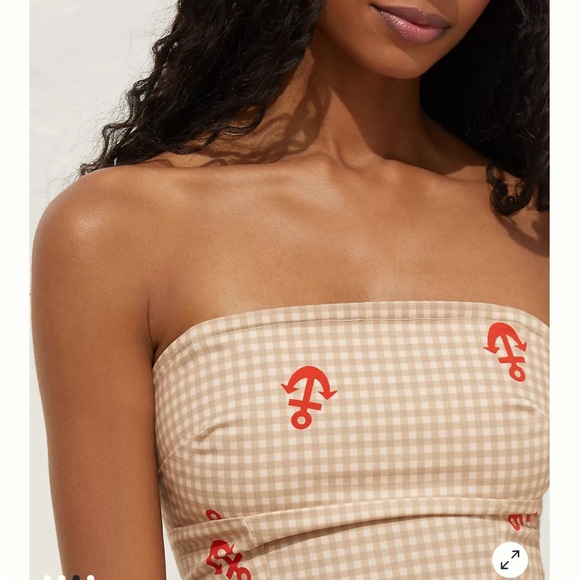 💛❤️ Anthropologie Beige Gingham Cropped Cami With Red Anchor Print - Picture 2 of 8